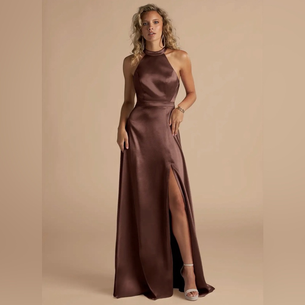 Clarice Espresso Brown Maxi A-Line High Neck Metallic Satin Dress
